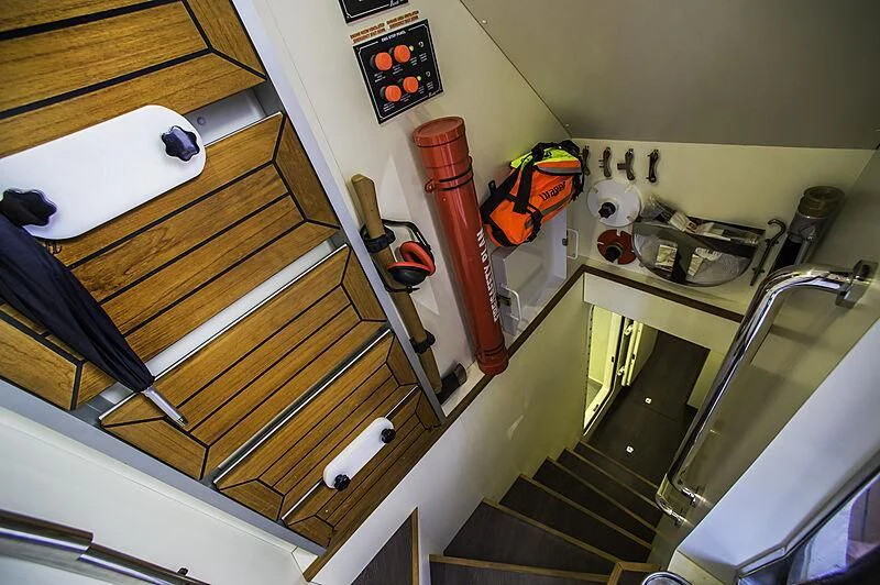 a bathroom with a sink and a mirror aboard BLUE BAY Yacht for Sale