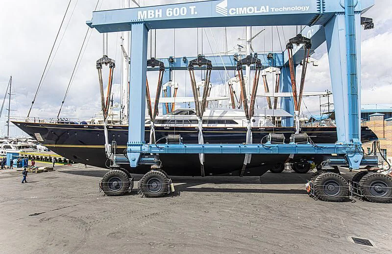 a large boat on a trailer aboard MORNING GLORY Yacht for Sale