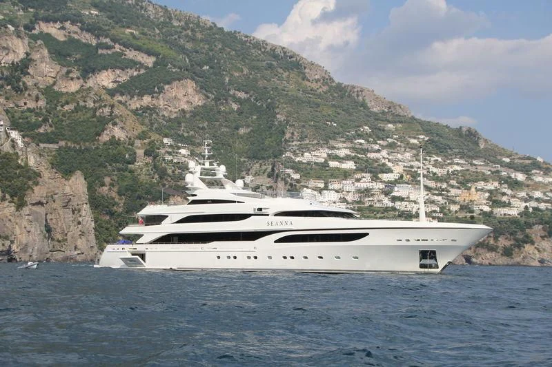a white yacht on the water aboard SEANNA Yacht for Sale