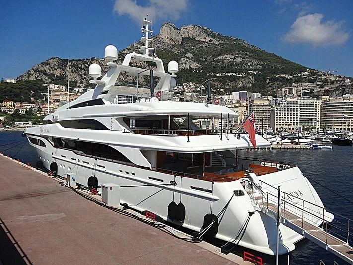 a large white boat docked aboard SEANNA Yacht for Sale
