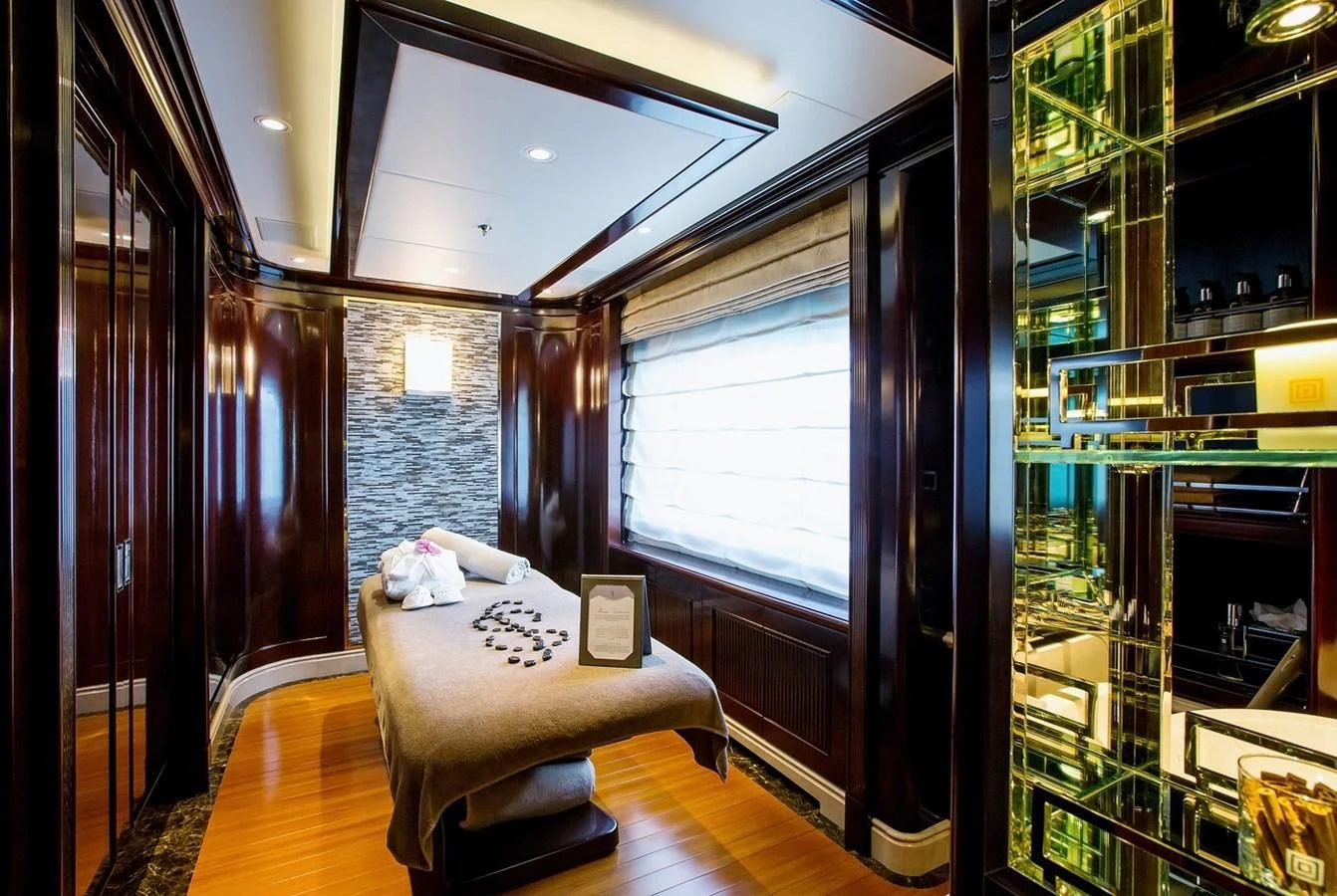 a bed in a room aboard SEANNA Yacht for Sale