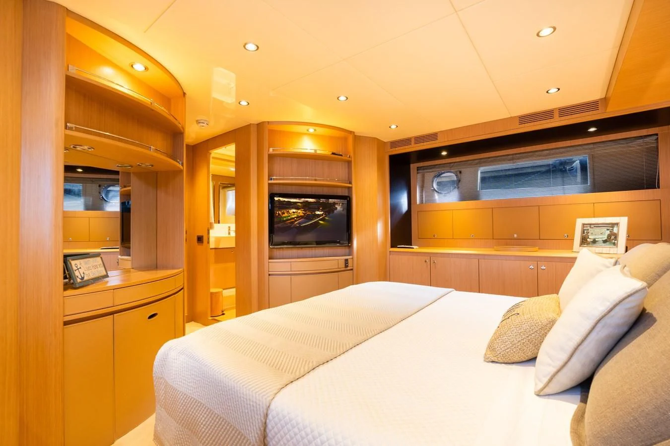 a bed in a room aboard 75' RIVA 2012 Yacht for Sale