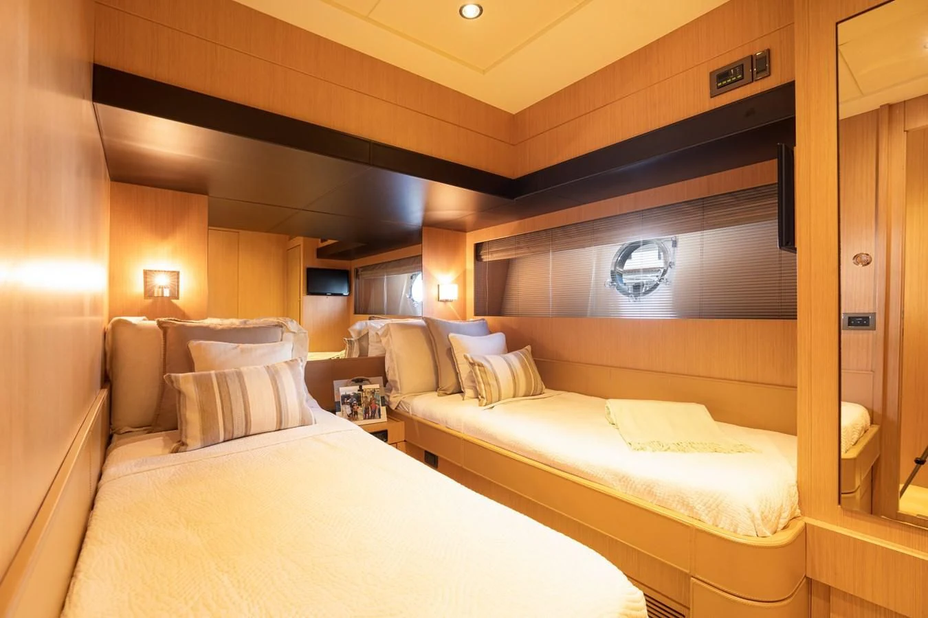 a room with two beds aboard 75' RIVA 2012 Yacht for Sale