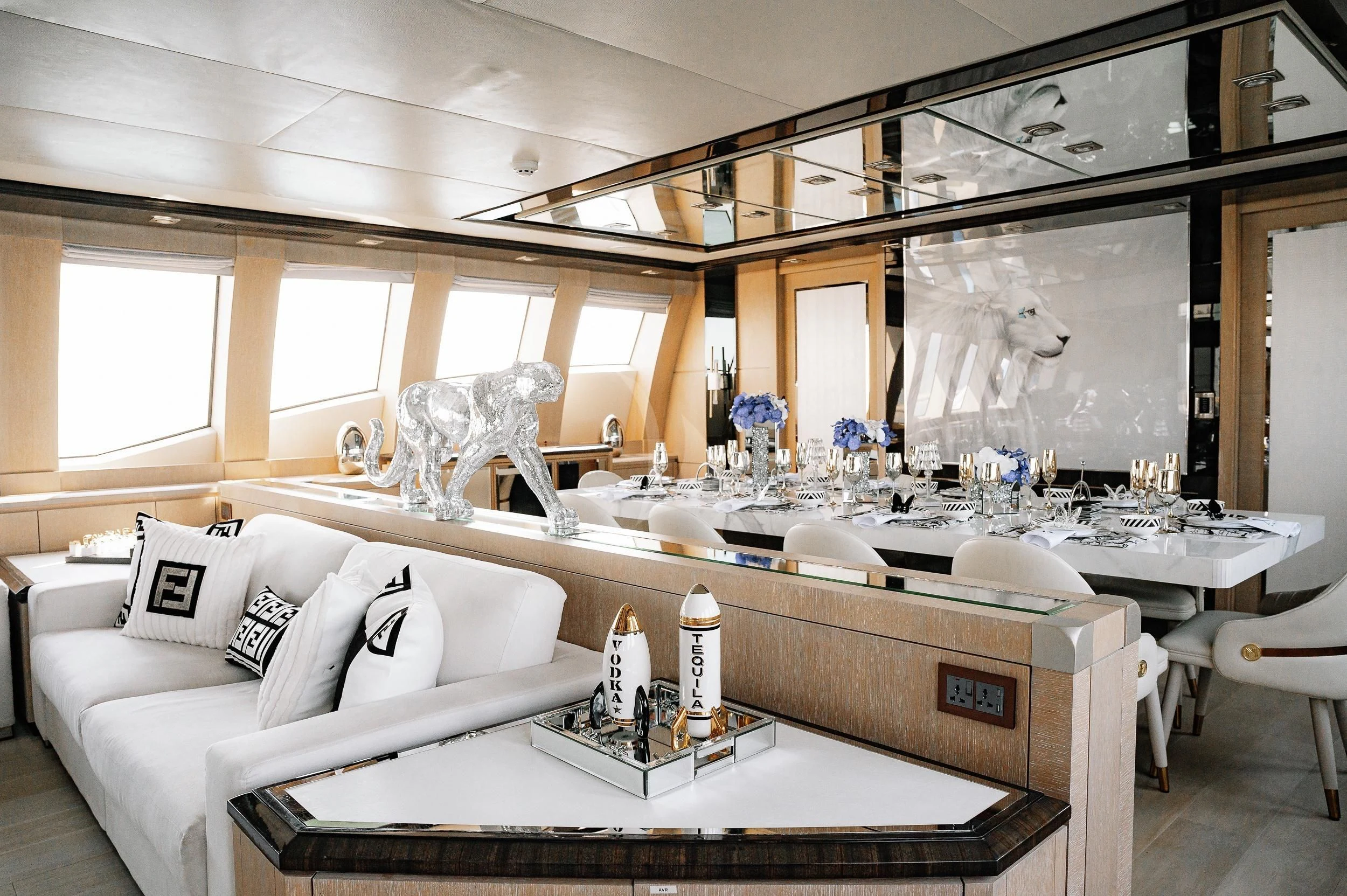 a room with a large mirror aboard AK ROYALTY Yacht for Sale