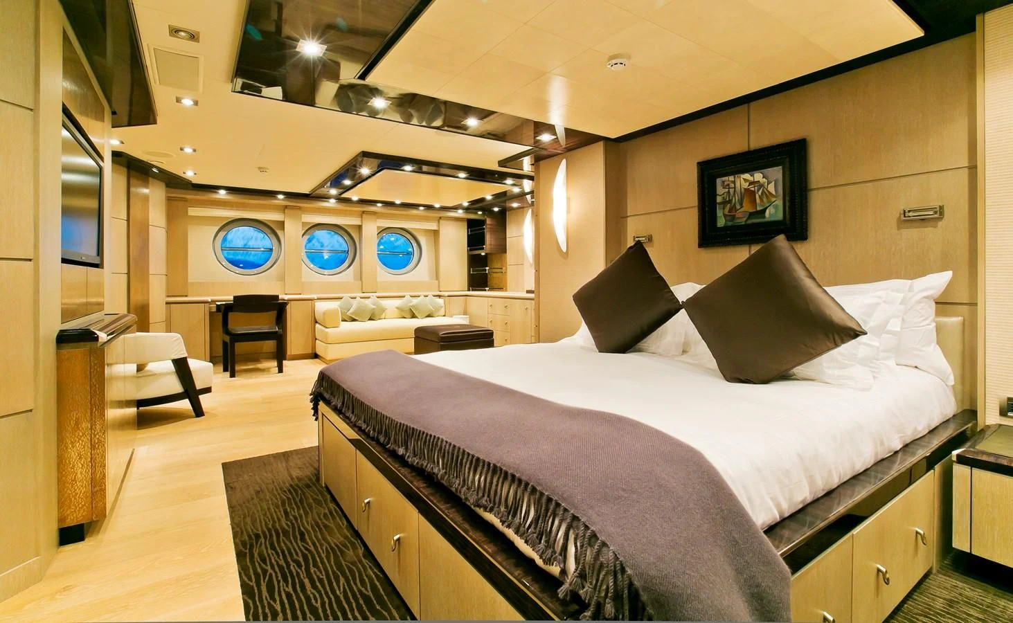 a large bedroom with a large bed aboard AK ROYALTY Yacht for Sale