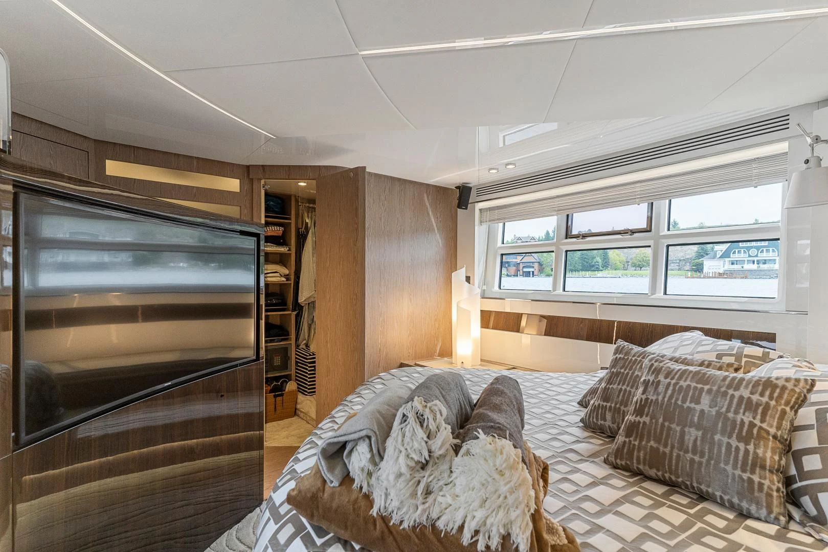 a bedroom with a fireplace aboard ANONYMOUS Yacht for Sale