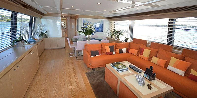 a room with a table and chairs aboard DISPARATE Yacht for Sale