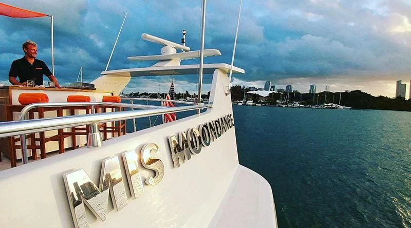 a person on a boat aboard M.I.S. MOONDANCE Yacht for Sale