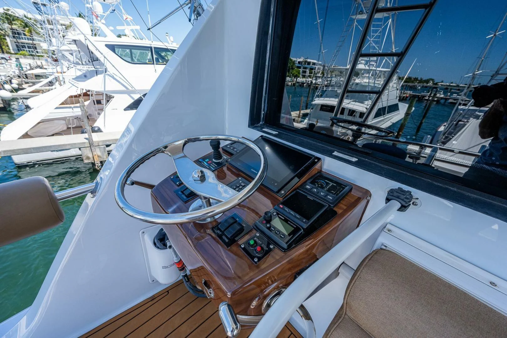 a steering wheel on a boat aboard W Yacht for Sale
