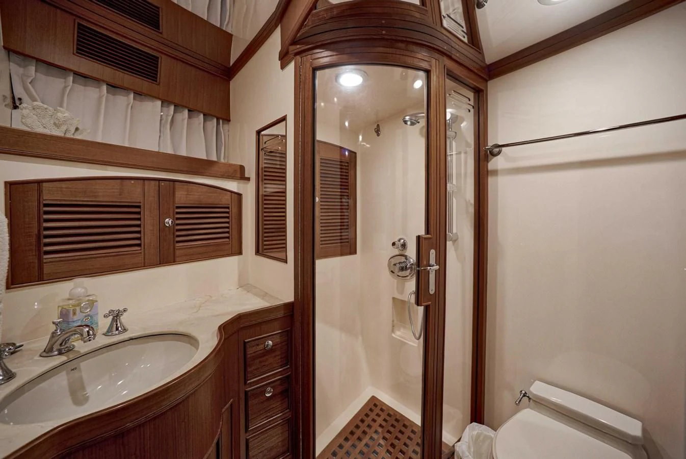 a bathroom with a sink and a shower aboard JUBILEE Yacht for Sale