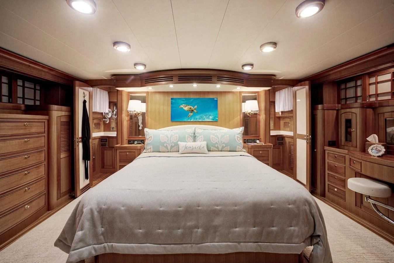 a large bed in a room aboard JUBILEE Yacht for Sale