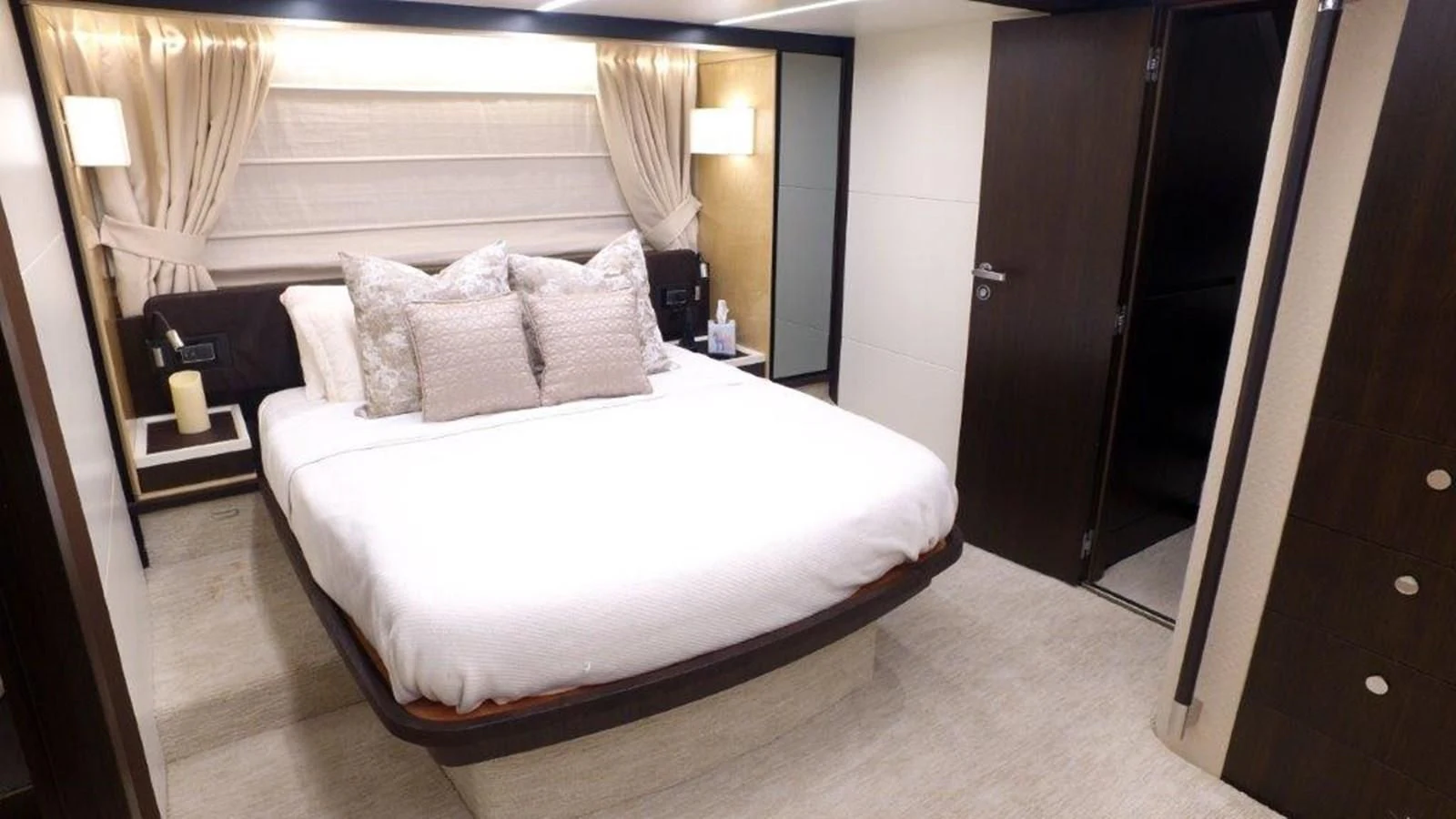 a bed in a hotel room aboard LEVATAR Yacht for Sale