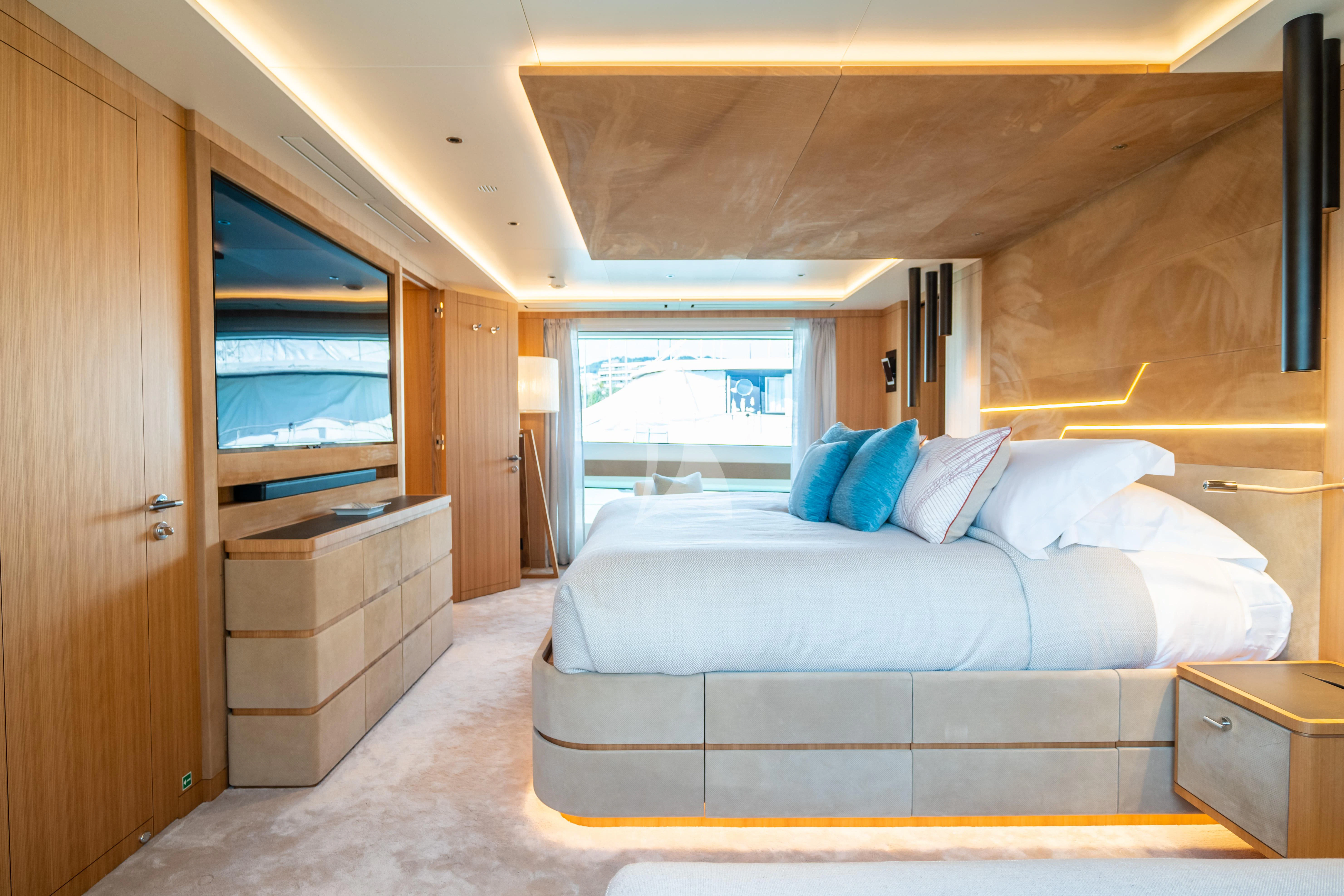 a bed in a room aboard ADVA Yacht for Sale