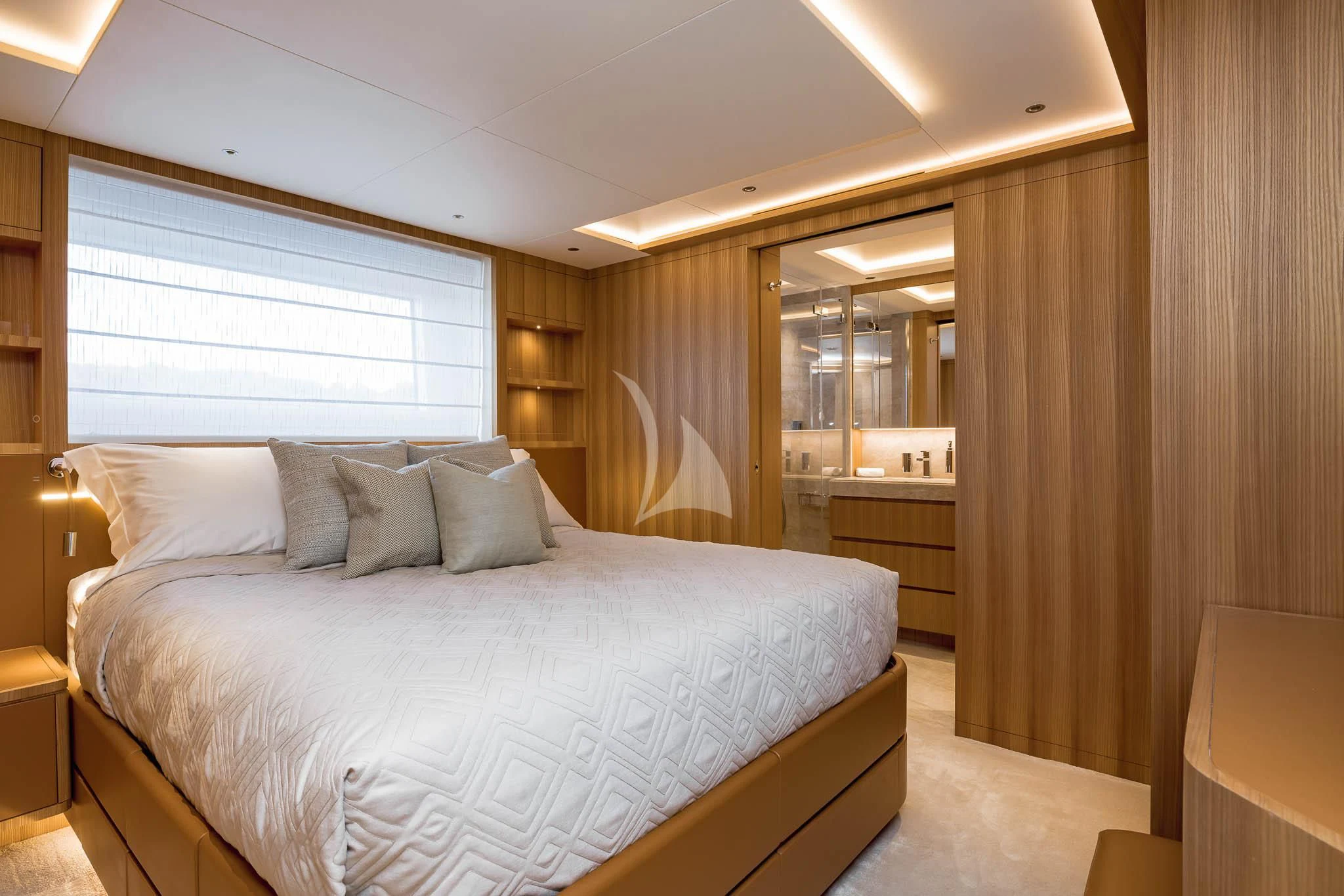 a bed in a room aboard ADVA Yacht for Sale