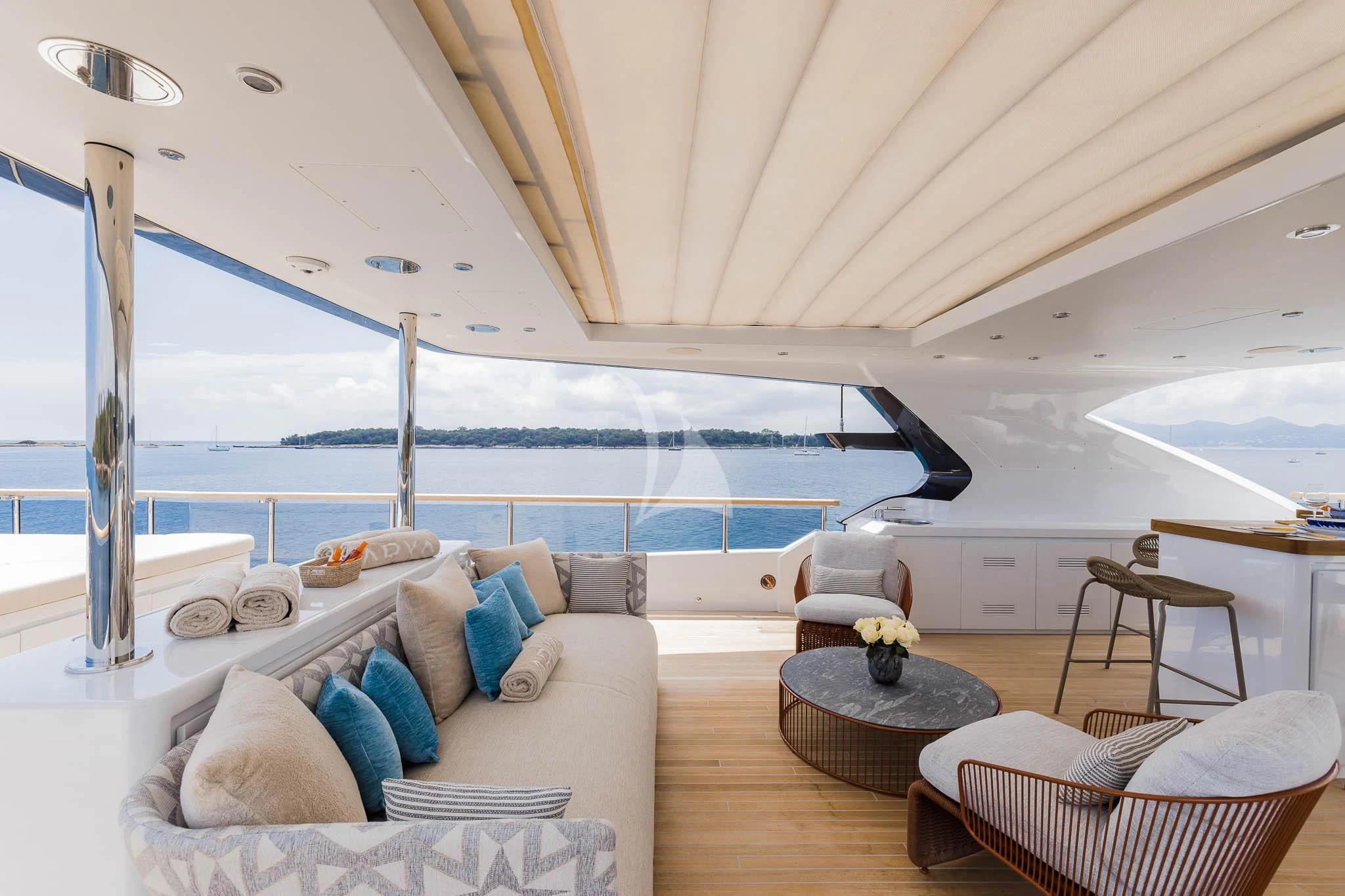 a large boat with a large body of water in the background aboard ADVA Yacht for Sale