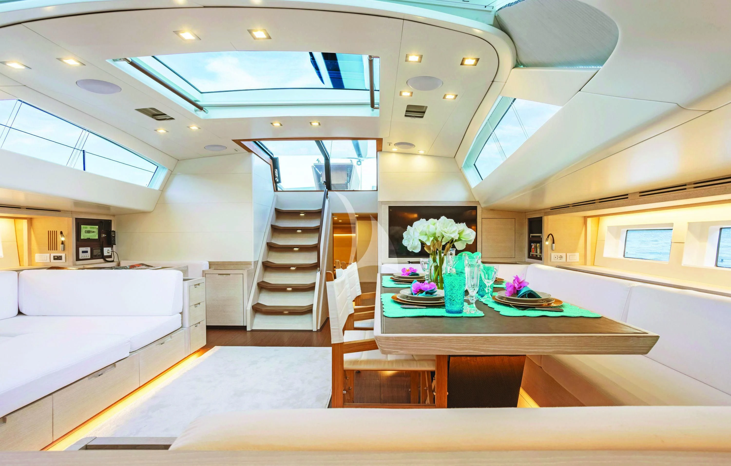 a staircase in a building aboard MINDFULNESS Yacht for Charter