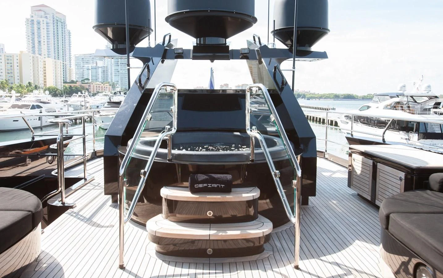 a boat on a deck aboard DEFIANT Yacht for Sale