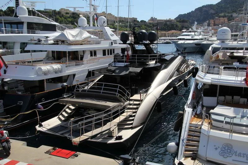 a marina with boats aboard DEFIANT Yacht for Sale