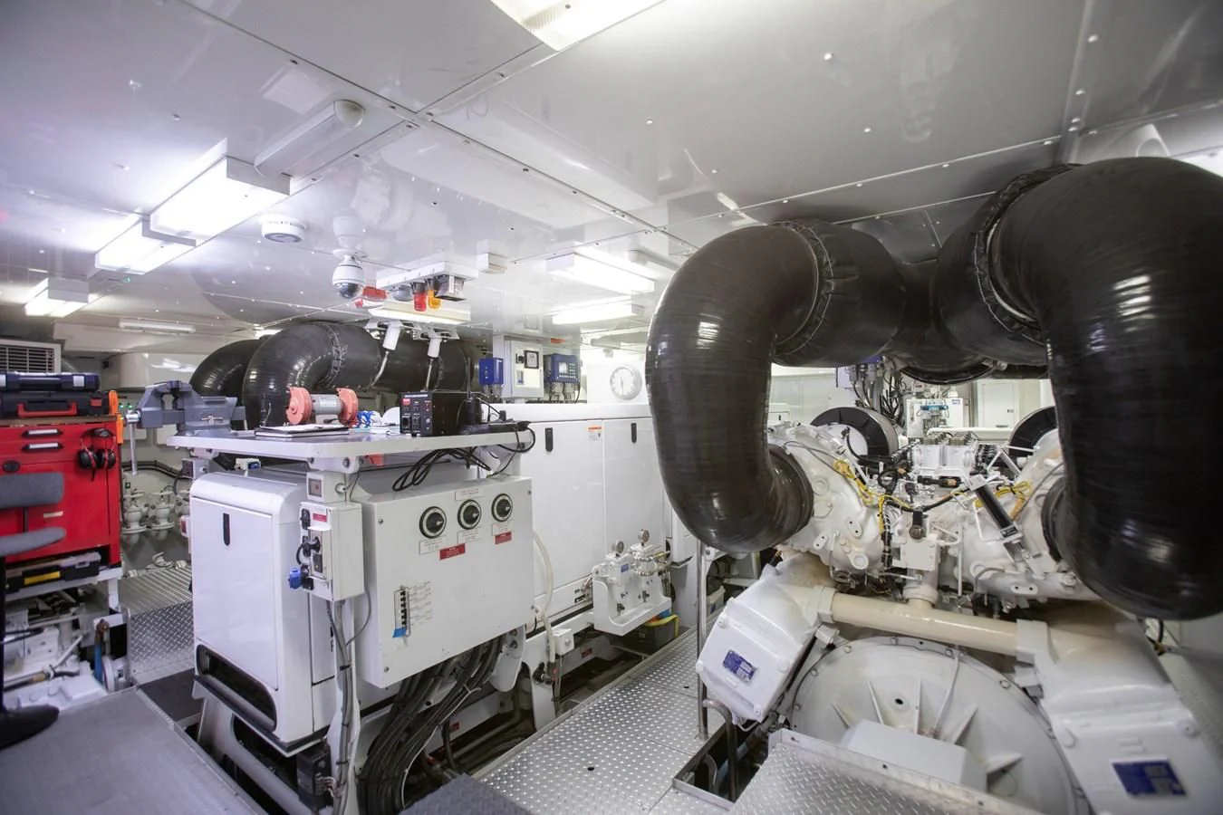 a large machine in a factory aboard DEFIANT Yacht for Sale