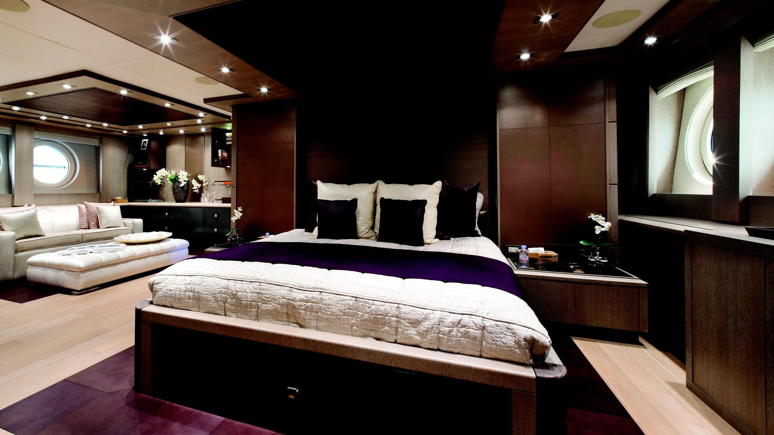 a large bed in a room aboard DEFIANT Yacht for Sale