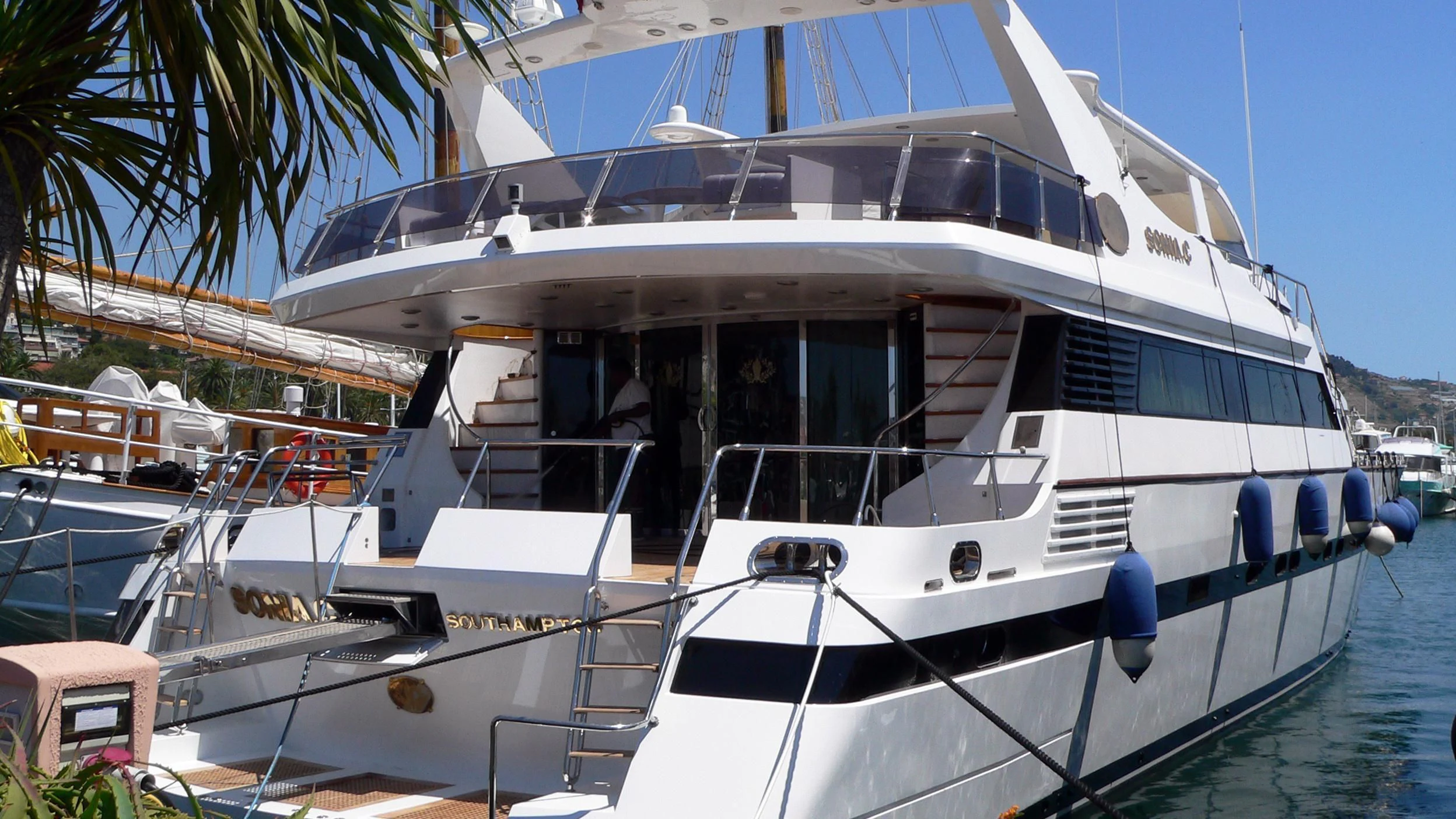a boat docked at a pier aboard SONIA C Yacht for Sale