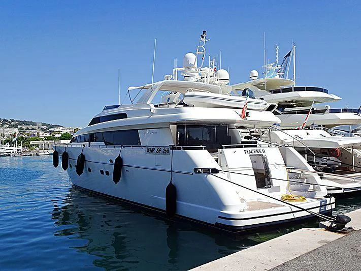 a white yacht docked aboard MIRI Yacht for Sale
