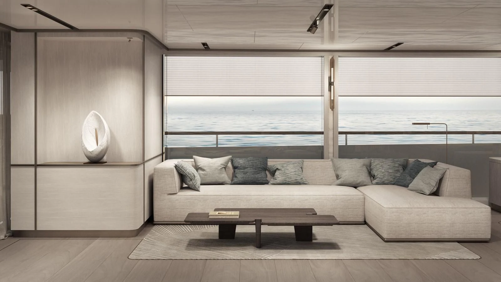 a couch and coffee table in a room aboard NL45/01 Yacht for Sale