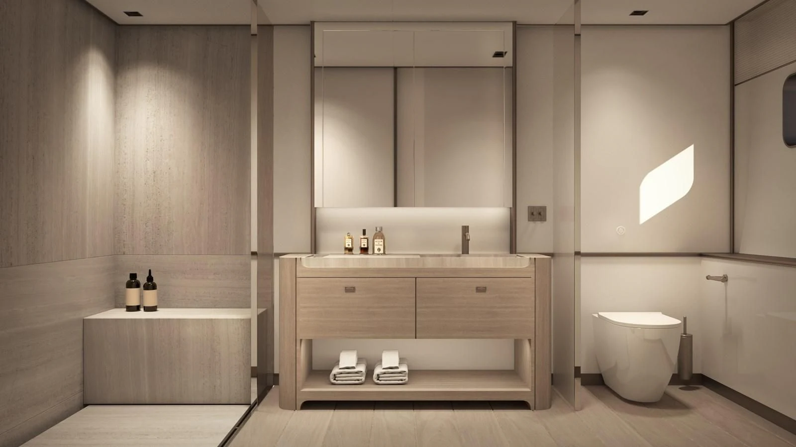 a modern bathroom with a white tub aboard NL45/01 Yacht for Sale