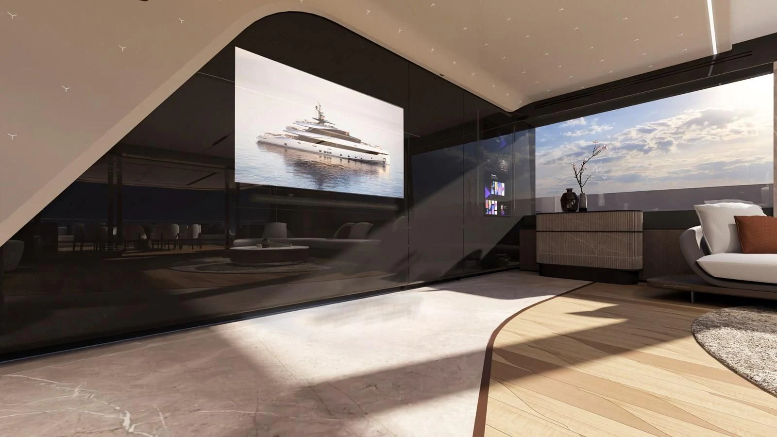 a room with a large window and a large ship in the distance aboard NL45/01 Yacht for Sale
