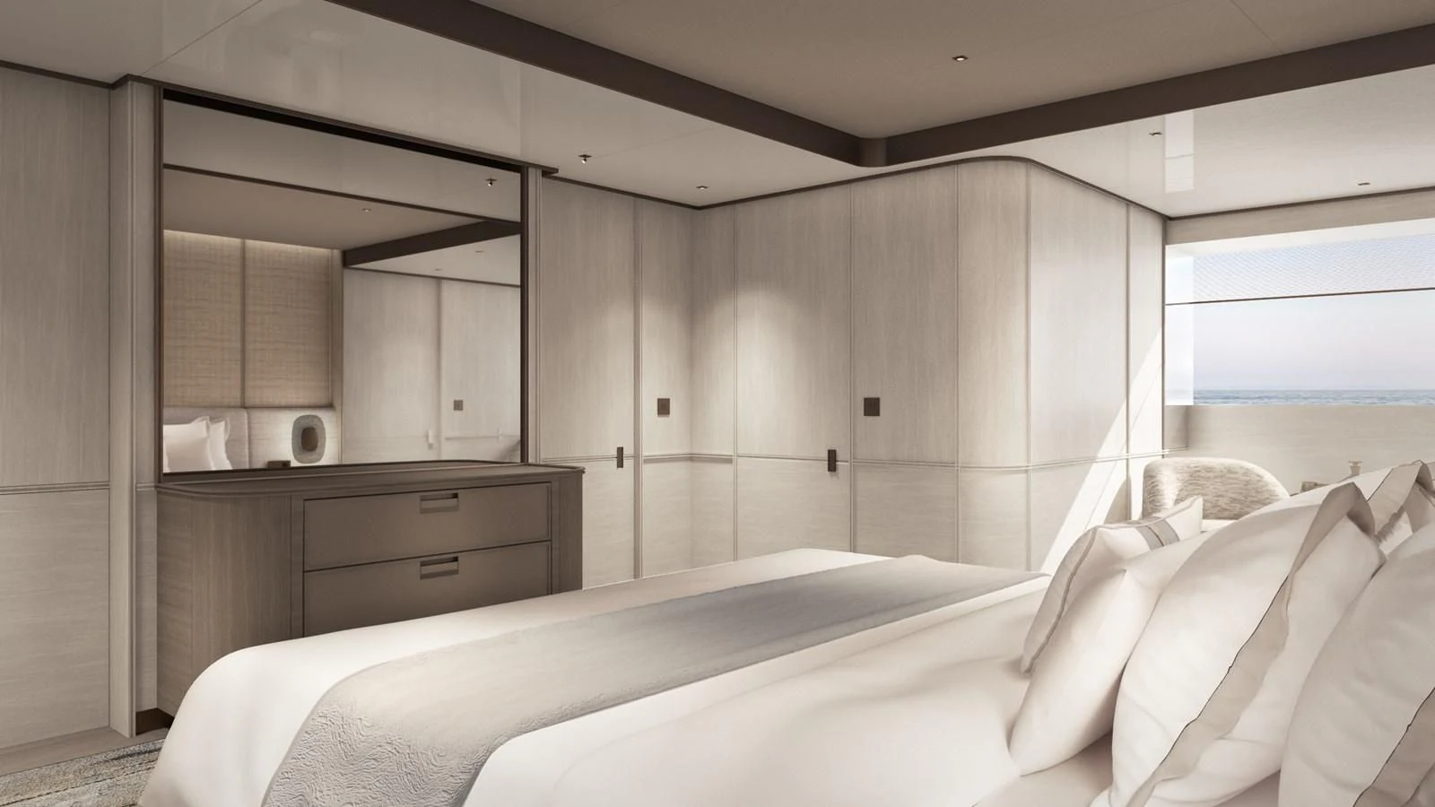 a room with a bed and a window aboard NL45/01 Yacht for Sale