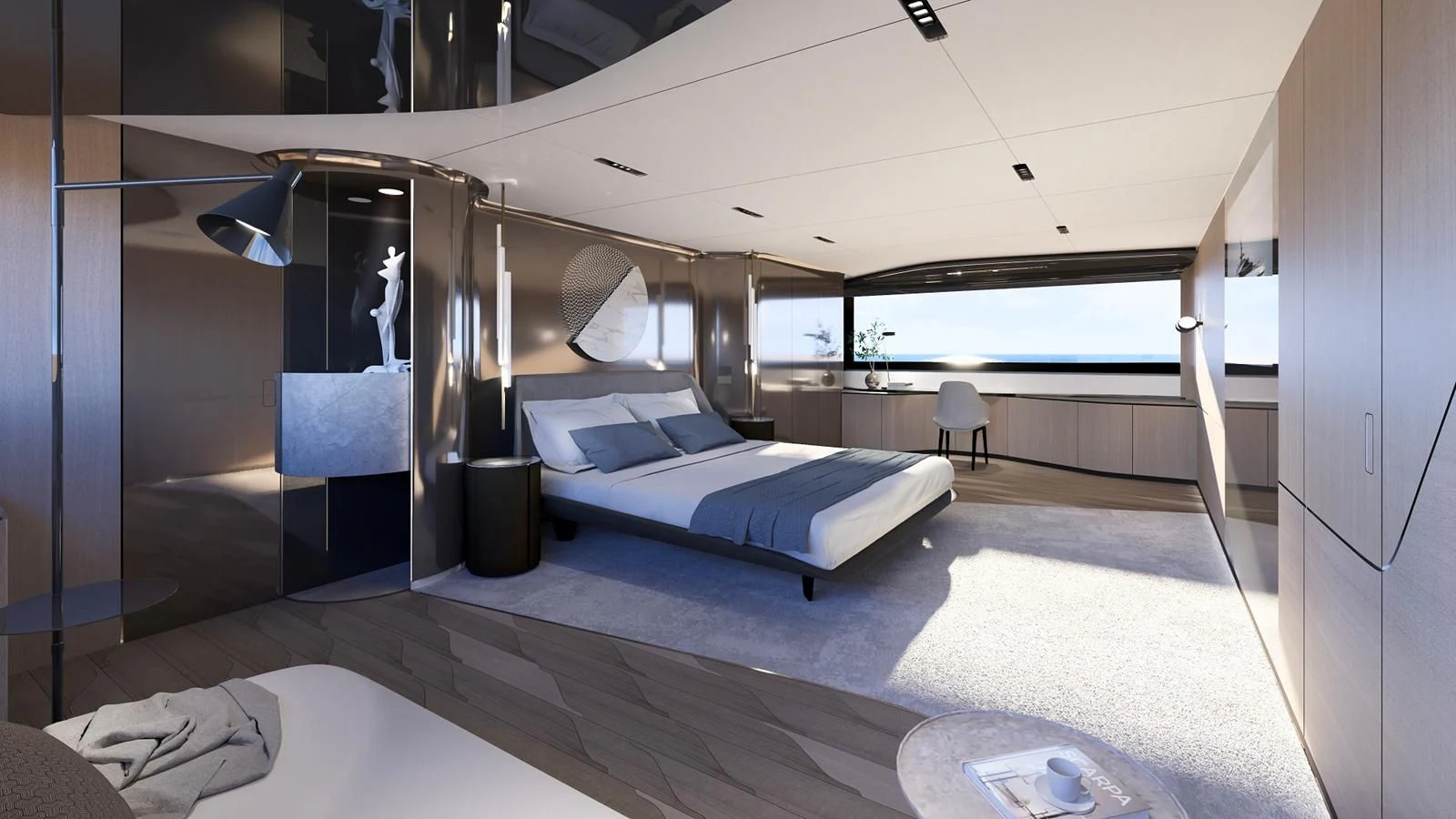 a room with a bed and a large window aboard NL45/01 Yacht for Sale