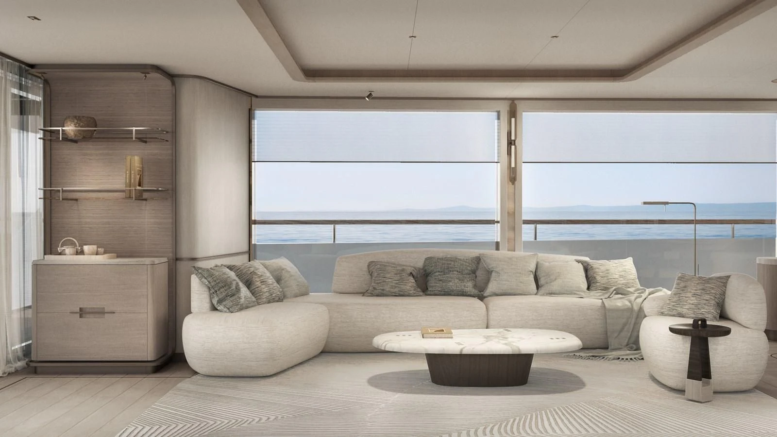 a living room with a couch and a coffee table aboard NL45/01 Yacht for Sale