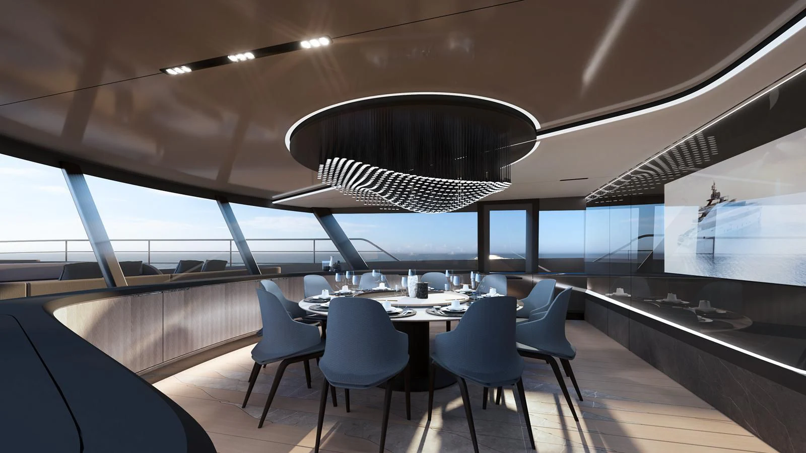 a room with a table and chairs aboard NL45/01 Yacht for Sale