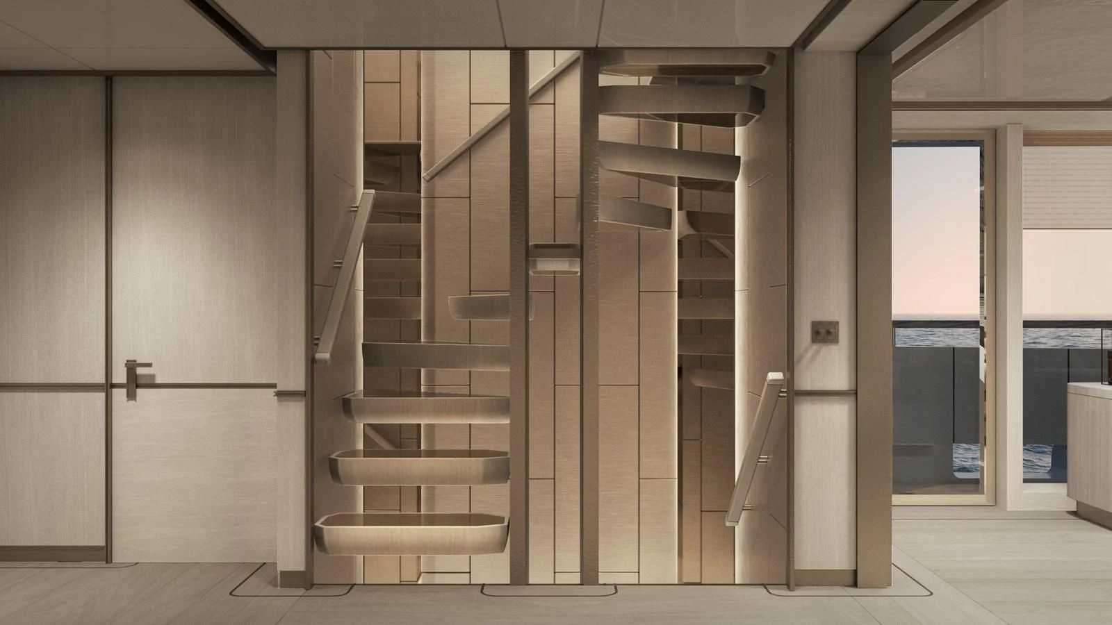 a room with a set of stairs aboard NL45/01 Yacht for Sale