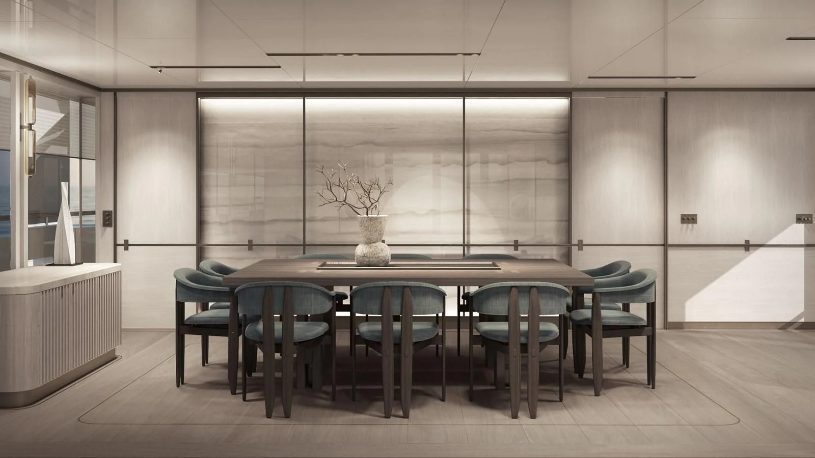 a room with a table and chairs aboard NL45/01 Yacht for Sale