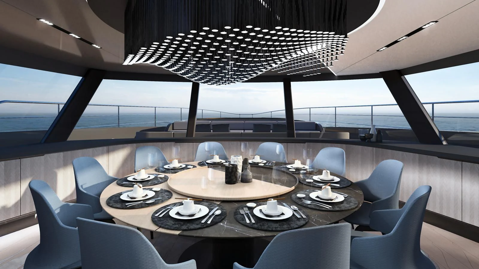 a room with a table and chairs aboard NL45/01 Yacht for Sale