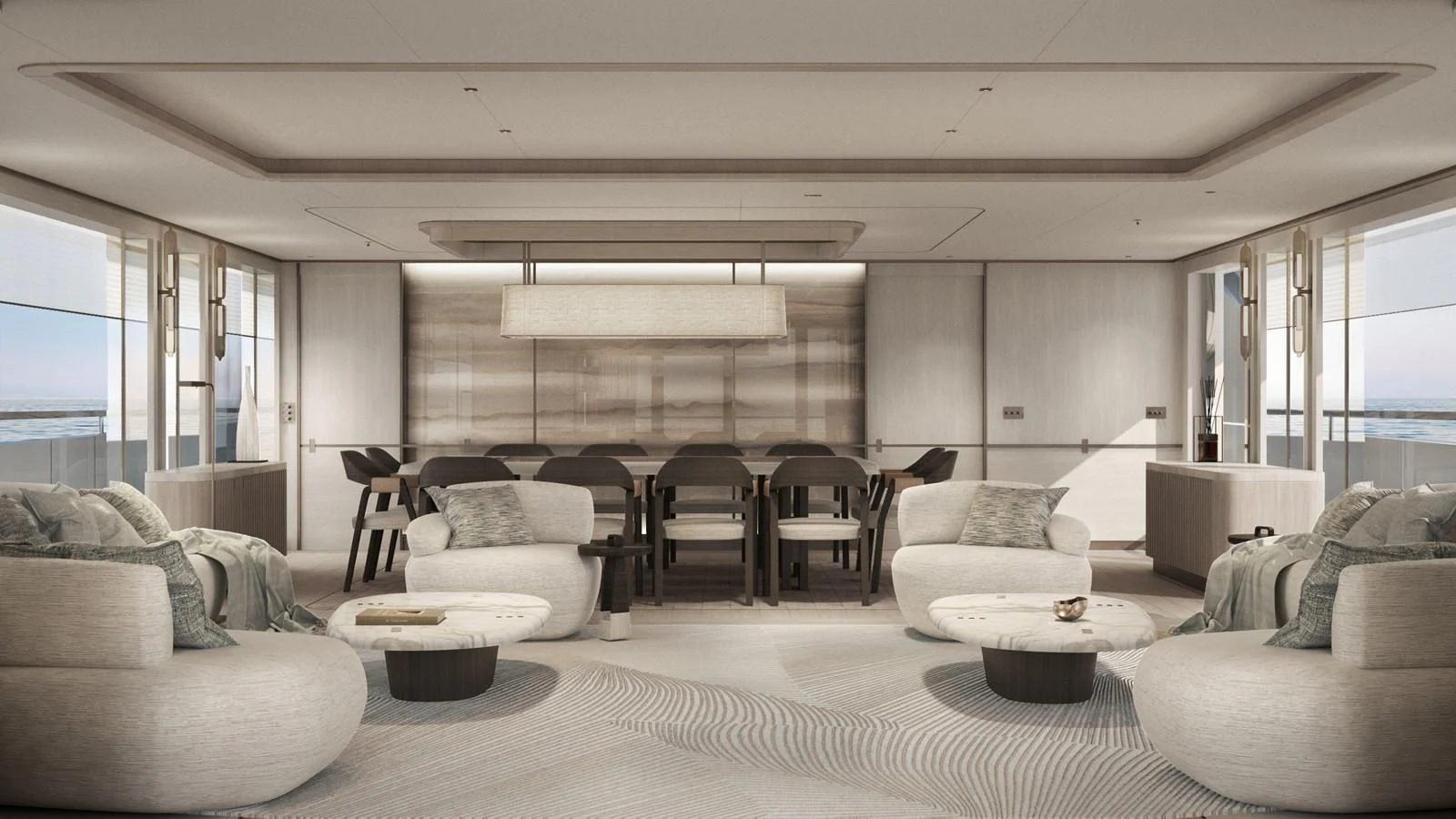 a living room with a large white couch and a large window aboard NL45/01 Yacht for Sale