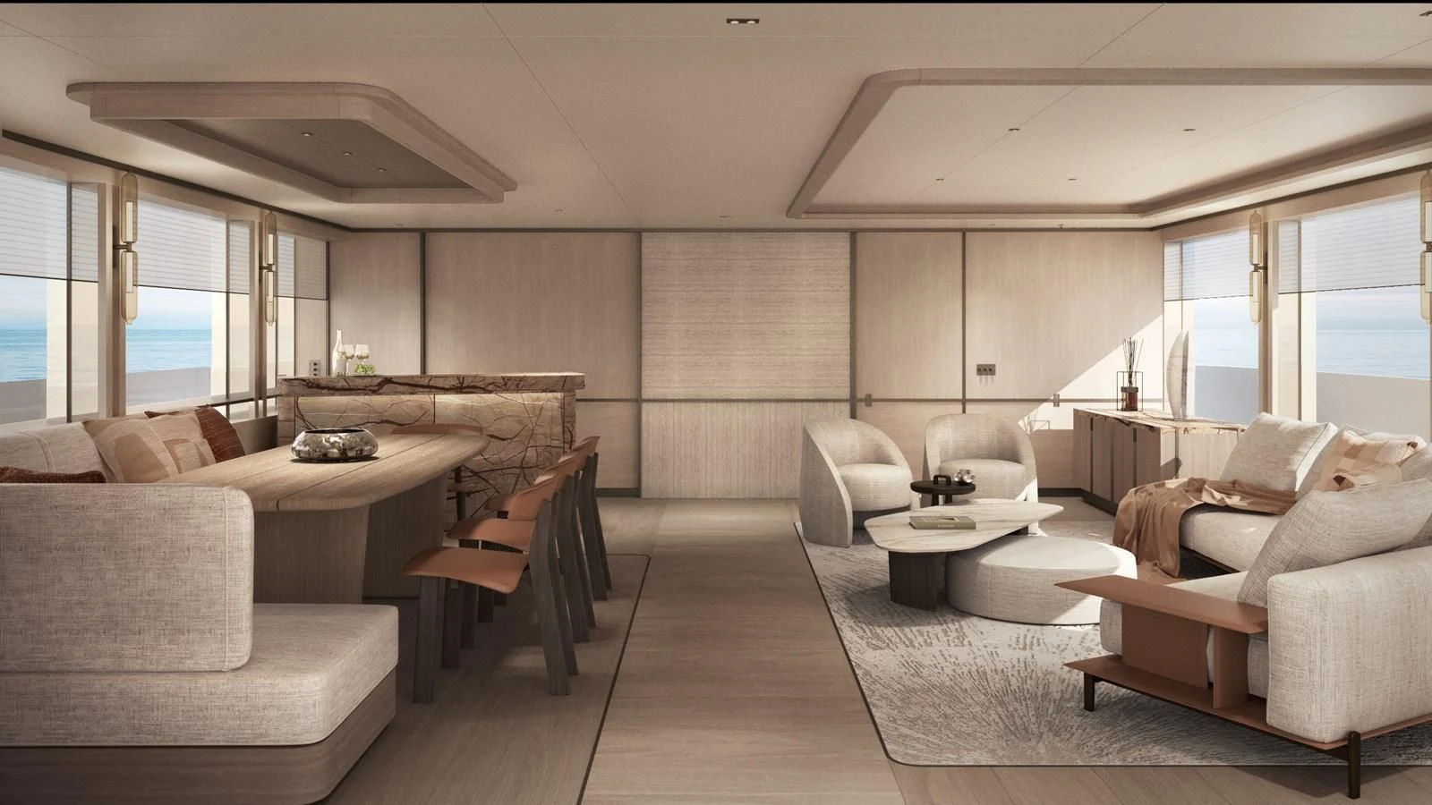 a living room with a couch and a table aboard NL45/01 Yacht for Sale