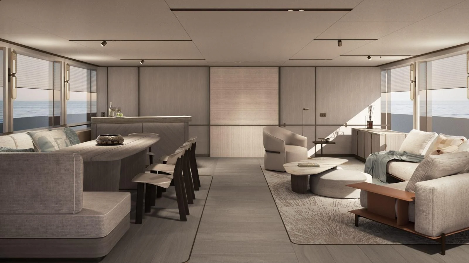 a living room with a couch and a table aboard NL45/01 Yacht for Sale