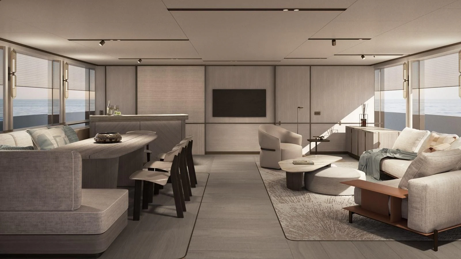 a living room with white furniture aboard NL45/01 Yacht for Sale