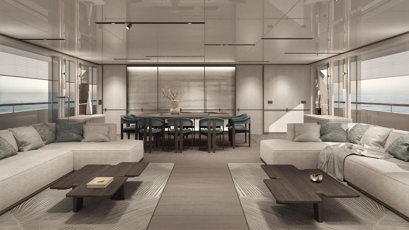 a living room with a couch and a table aboard NL45/01 Yacht for Sale