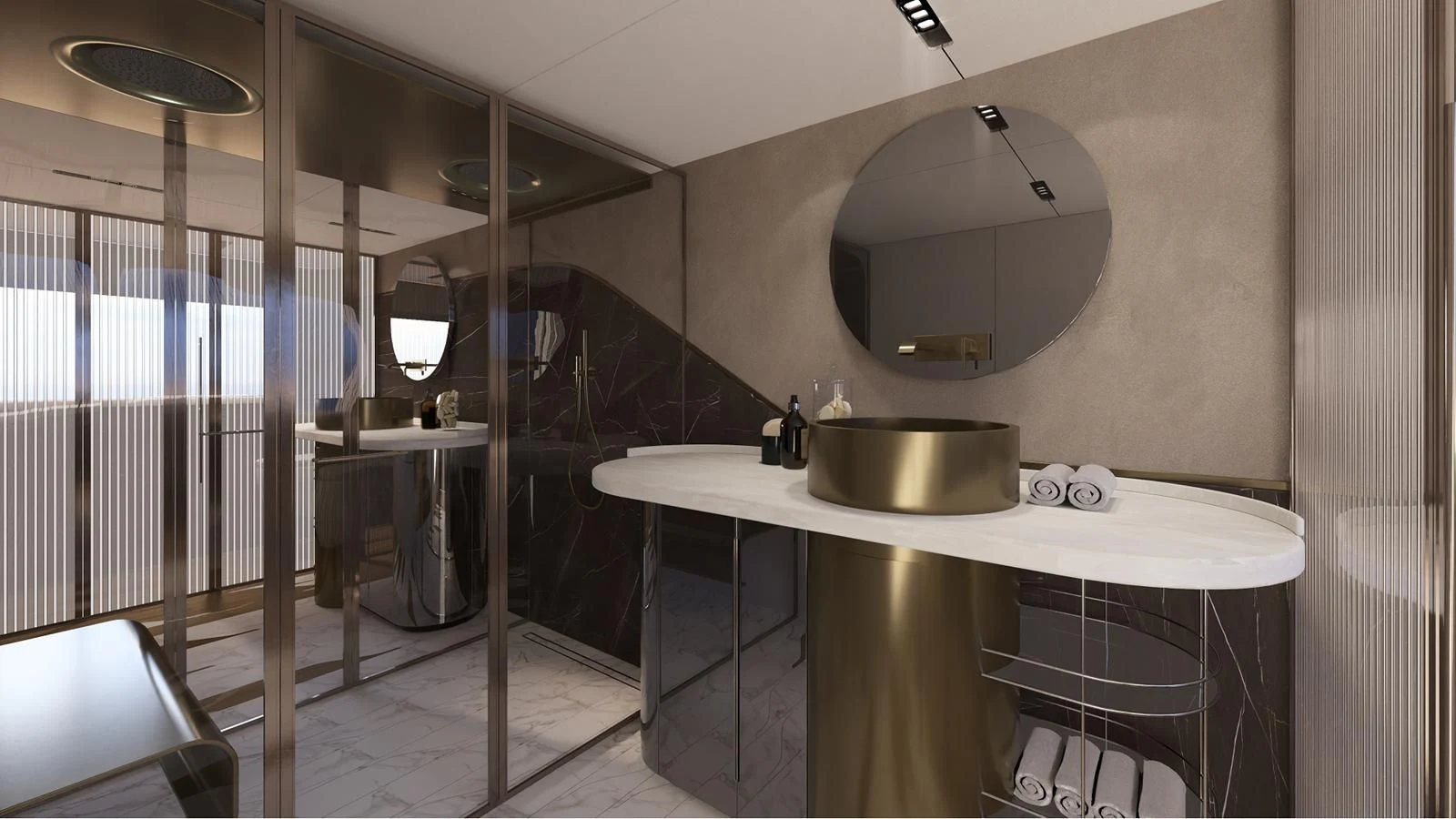 a kitchen with a sink and a large mirror aboard NL45/01 Yacht for Sale