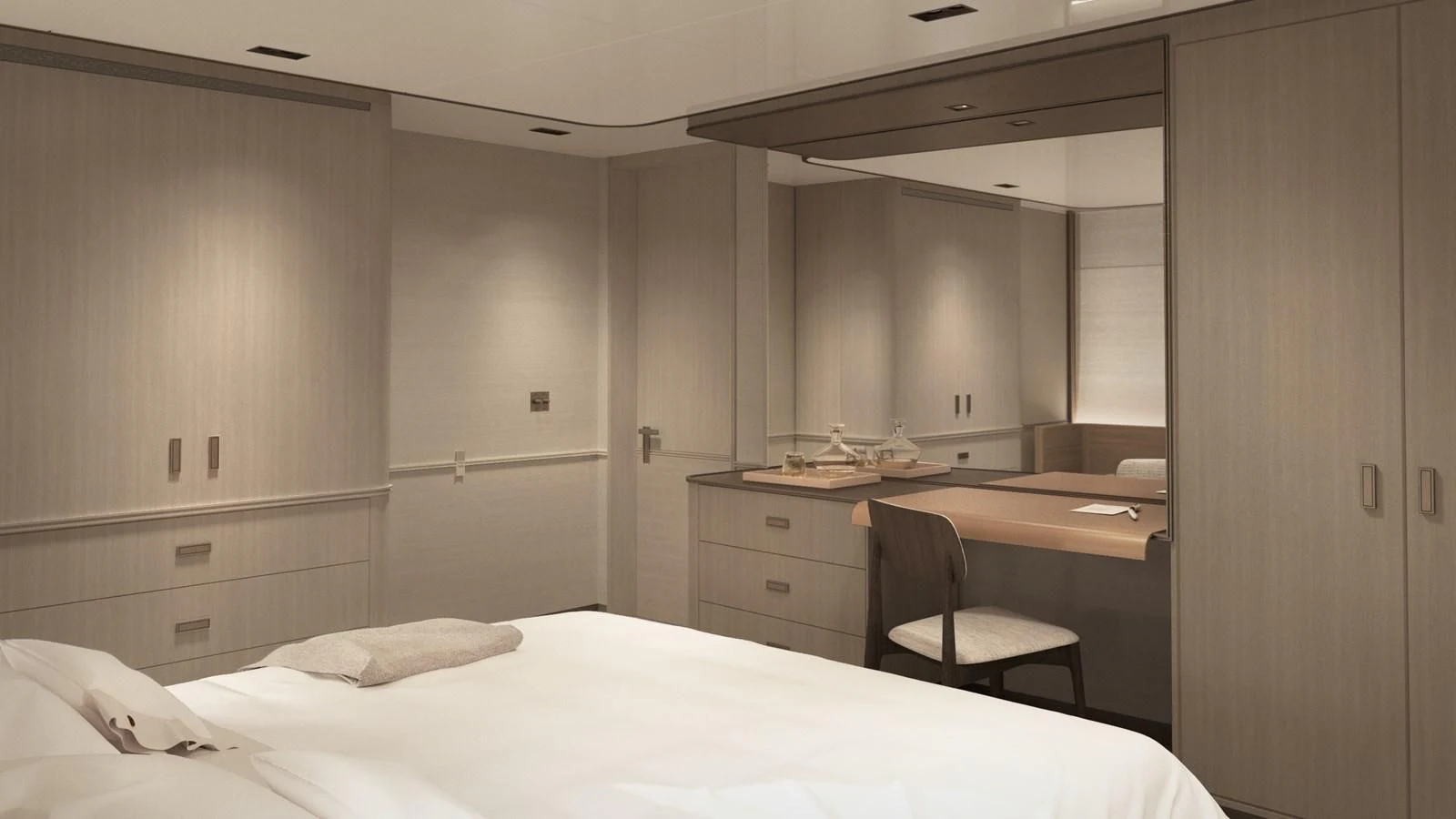 a bedroom with a bed and desk aboard NL45/01 Yacht for Sale