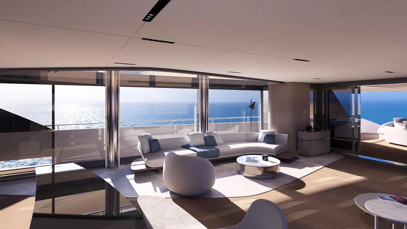 a modern living room with a large window aboard NL45/01 Yacht for Sale
