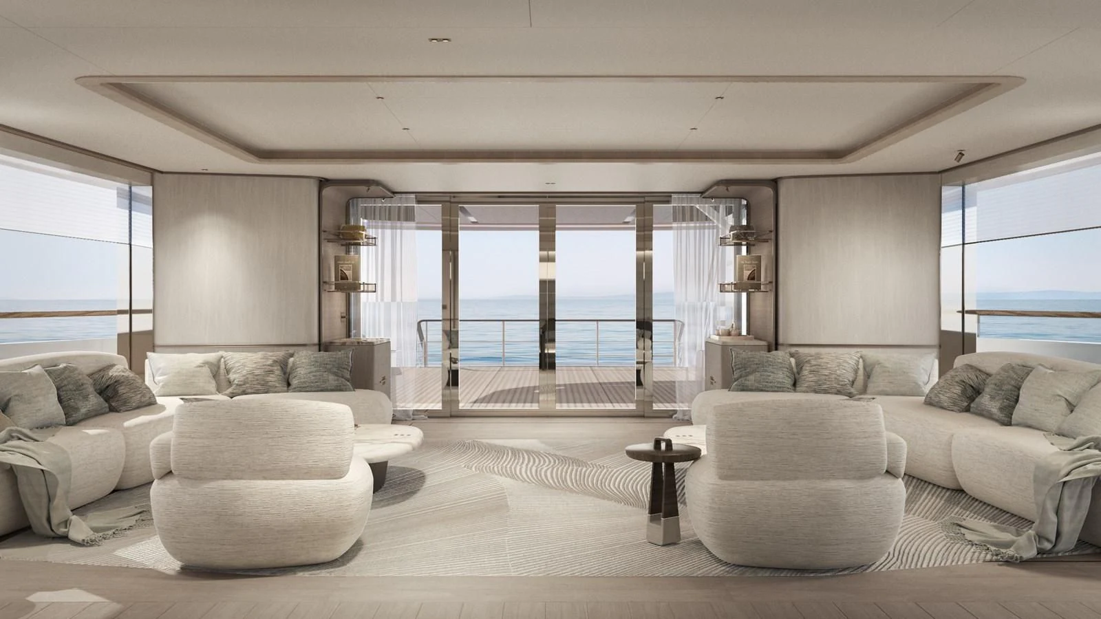 a living room with a large glass door aboard NL45/01 Yacht for Sale