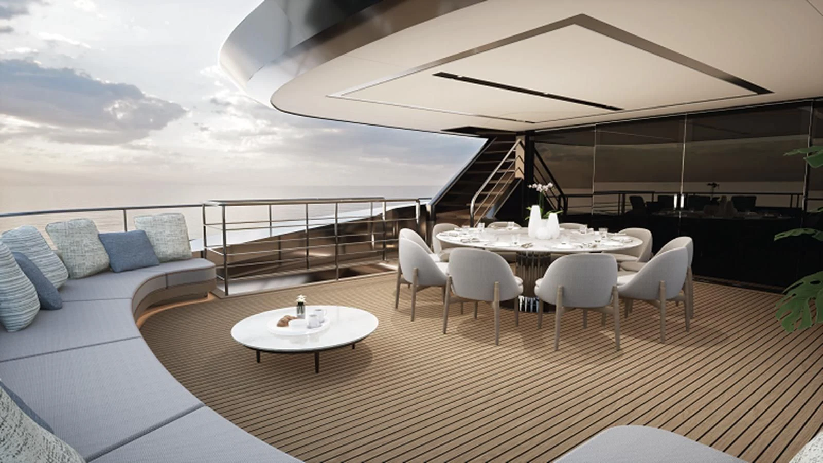 a patio with a table and chairs aboard NL45/01 Yacht for Sale