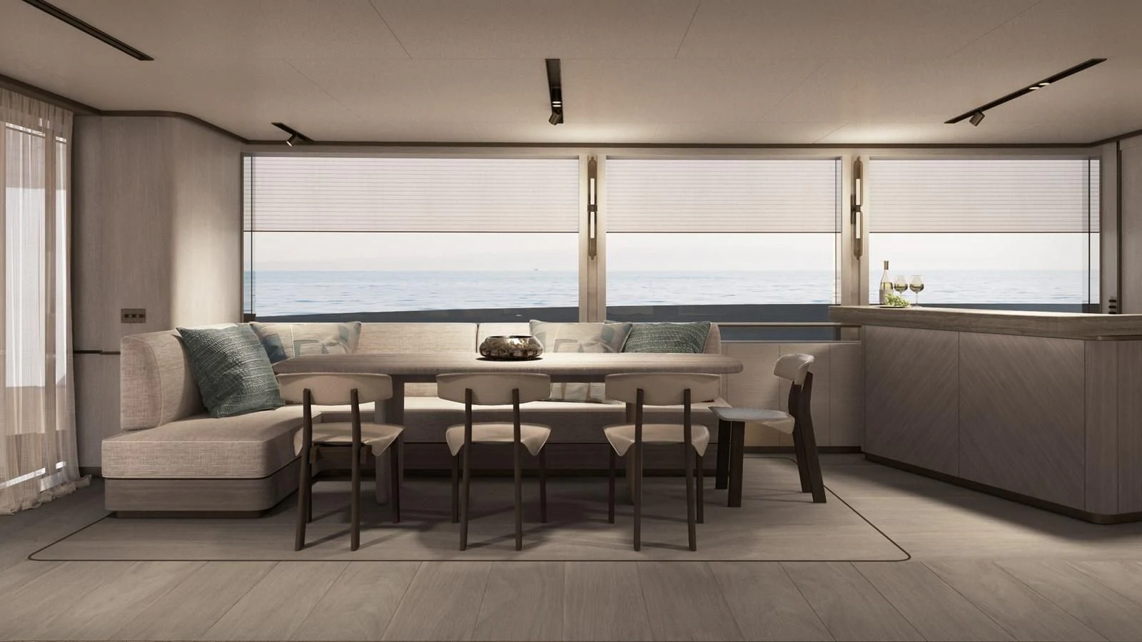 a living room with a large window aboard NL45/01 Yacht for Sale