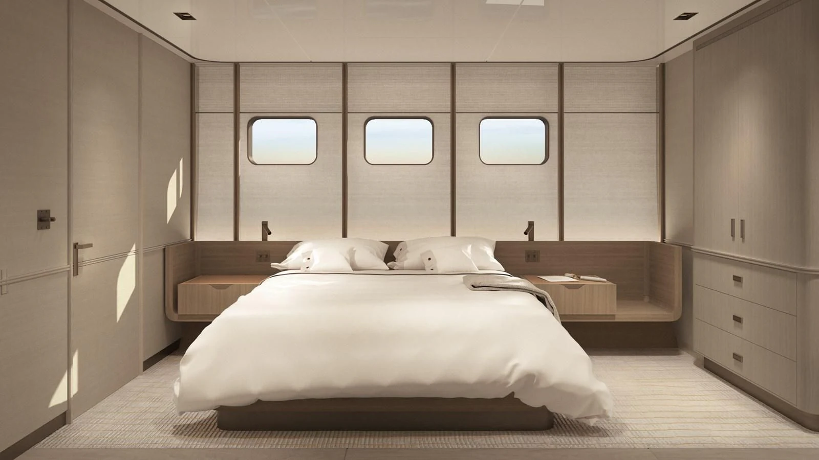 a room with a bed and cabinets aboard NL45/01 Yacht for Sale