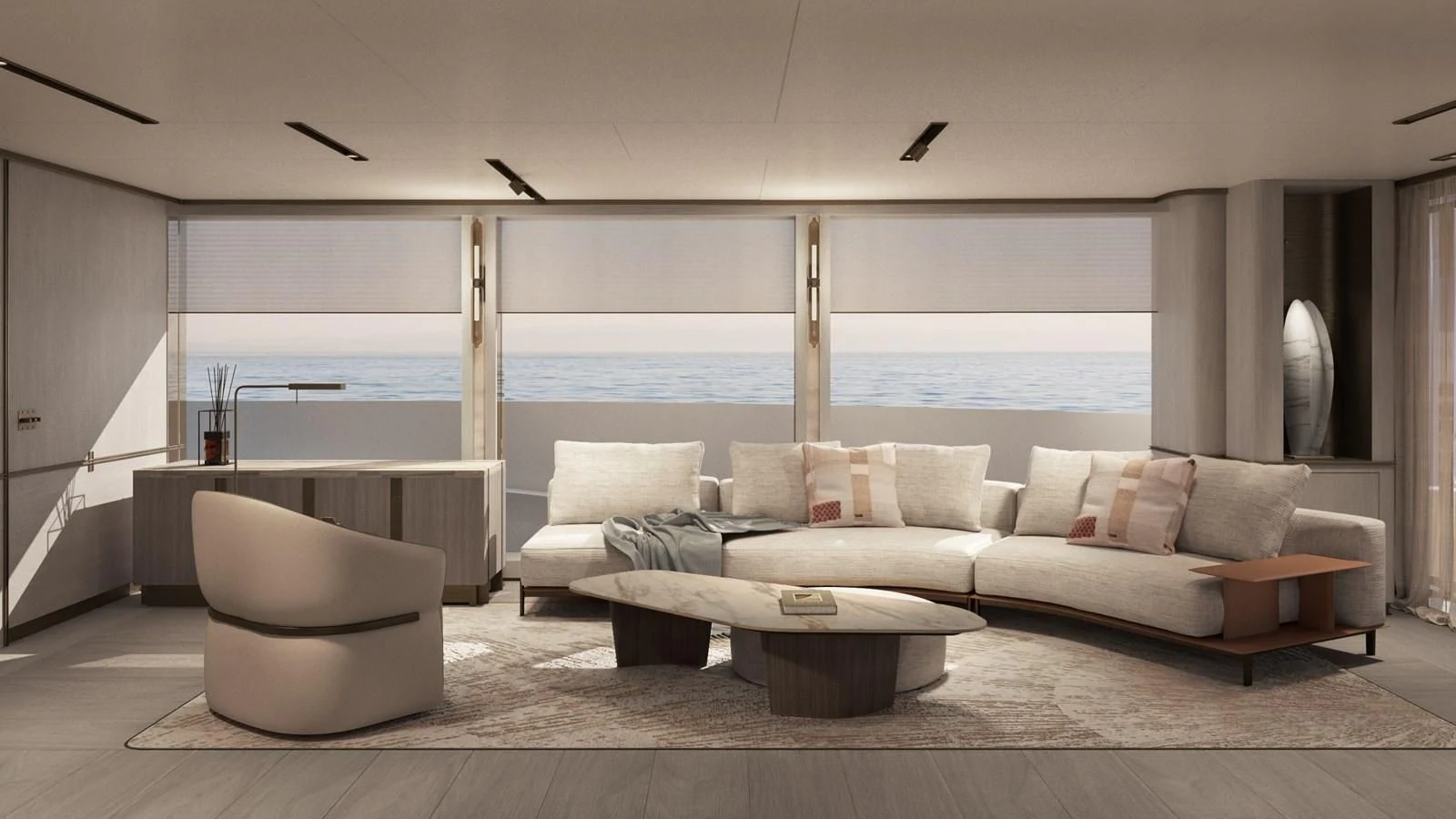 a living room with a large window aboard NL45/01 Yacht for Sale