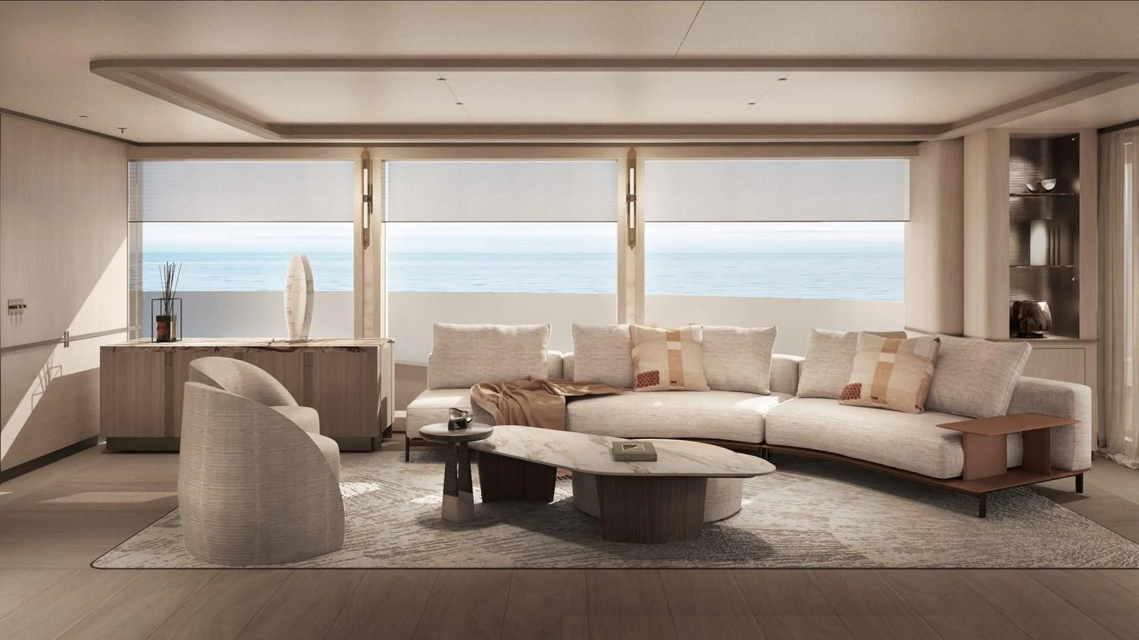 a living room with a large window aboard NL45/01 Yacht for Sale